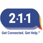Blue speech bubble with the numbers '2-1-1' in the middle. Beneath the speech bubble reads "Get Connected. Get Help."